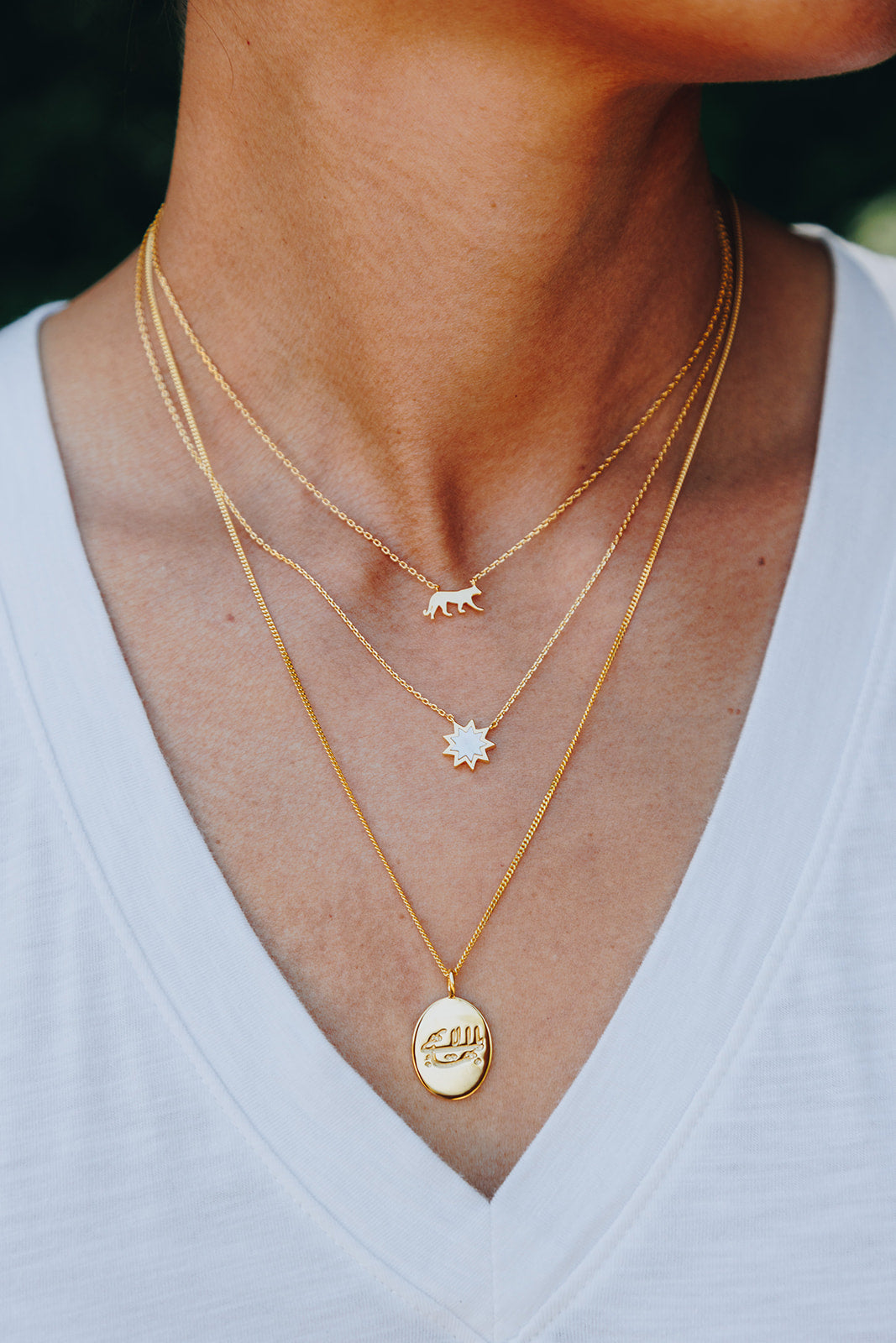 oval bahai symbol greatest name arabic gold pendant with nine pointed star mother of pearl necklace and dainty lioness necklace