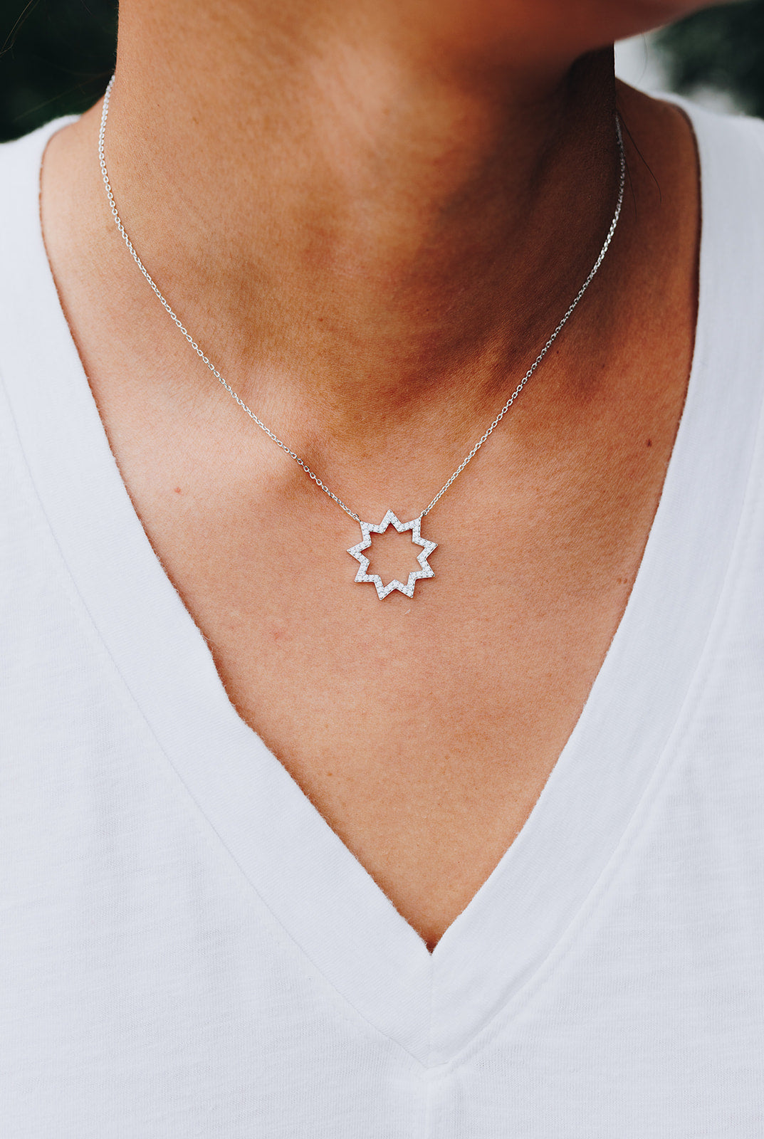 silver Bahai nine pointed diamond star necklace