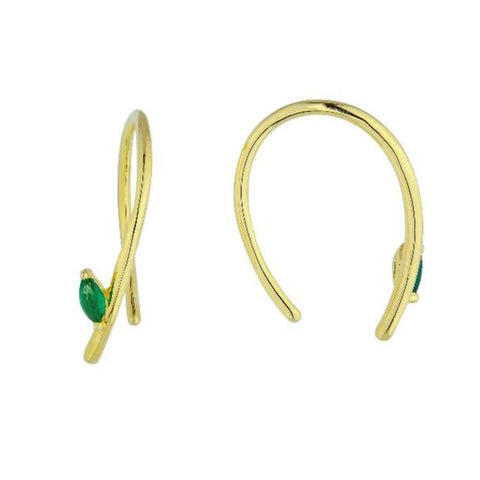 gold twin leaves green emerald marquise simple modern hoop earrings