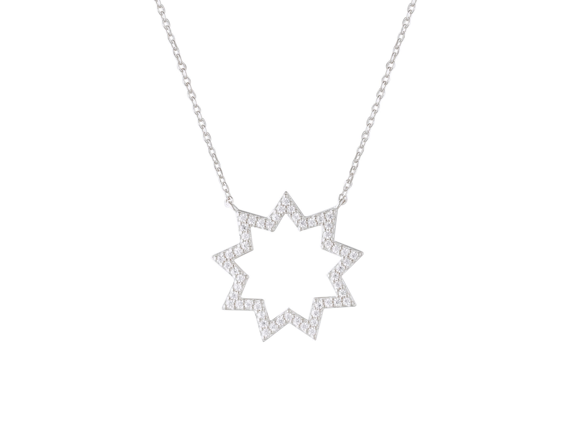 simple silver Bahai nine pointed diamond star outline necklace