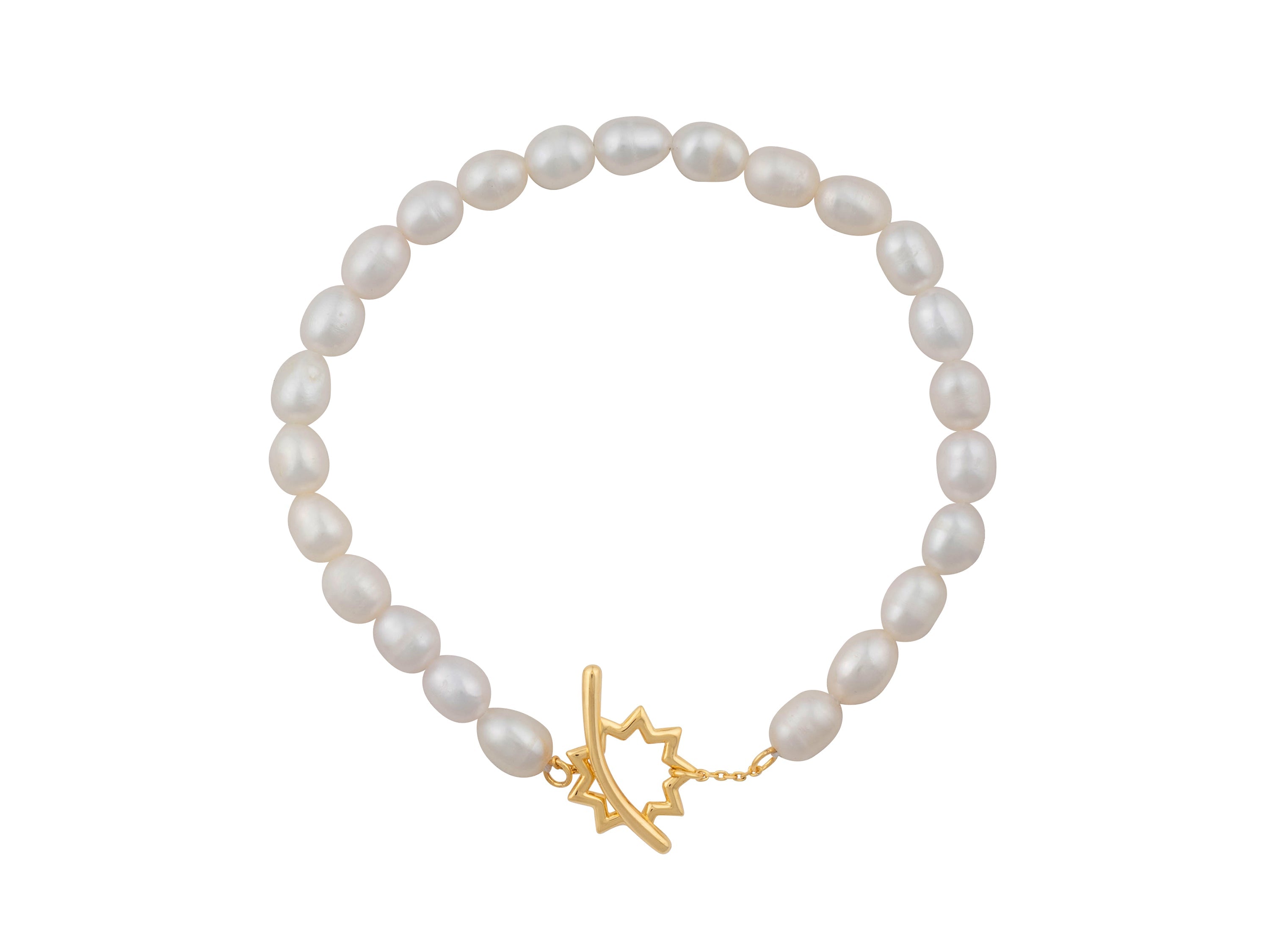 Bahai nine star outline gold toggle clasp on oval freshwater pearl bracelet