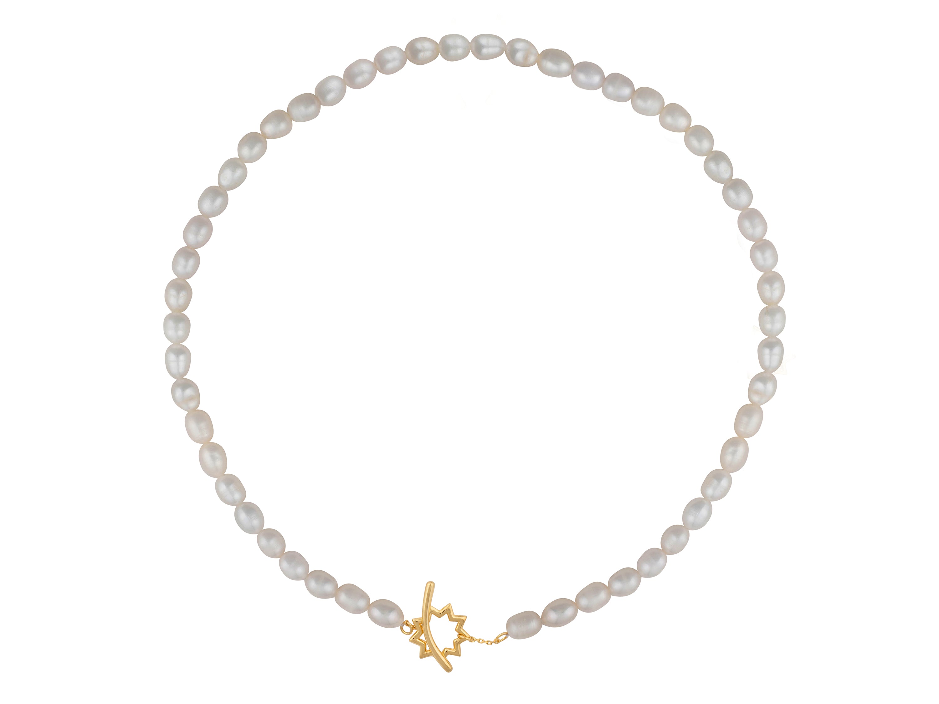 Bahai nine star outline gold toggle clasp on oval freshwater pearl necklace 