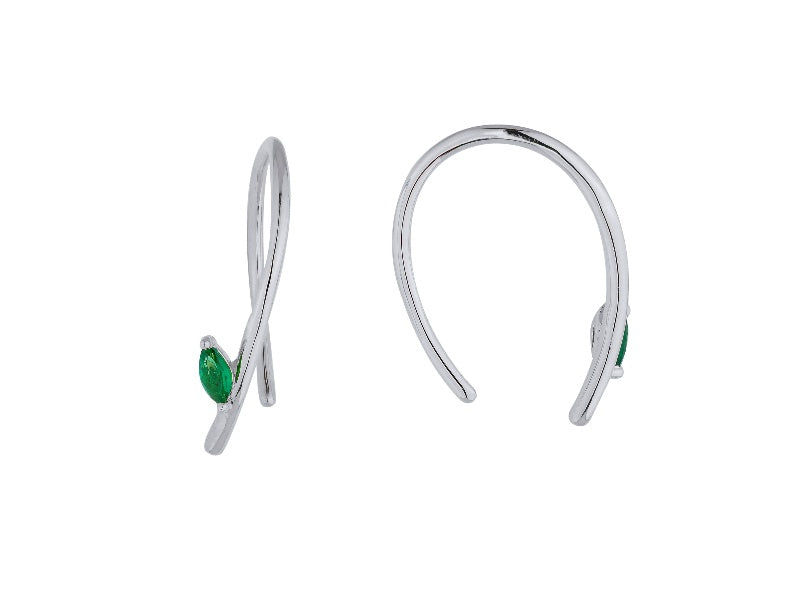 silver twin leaves green emerald marquise simple modern hoop earrings