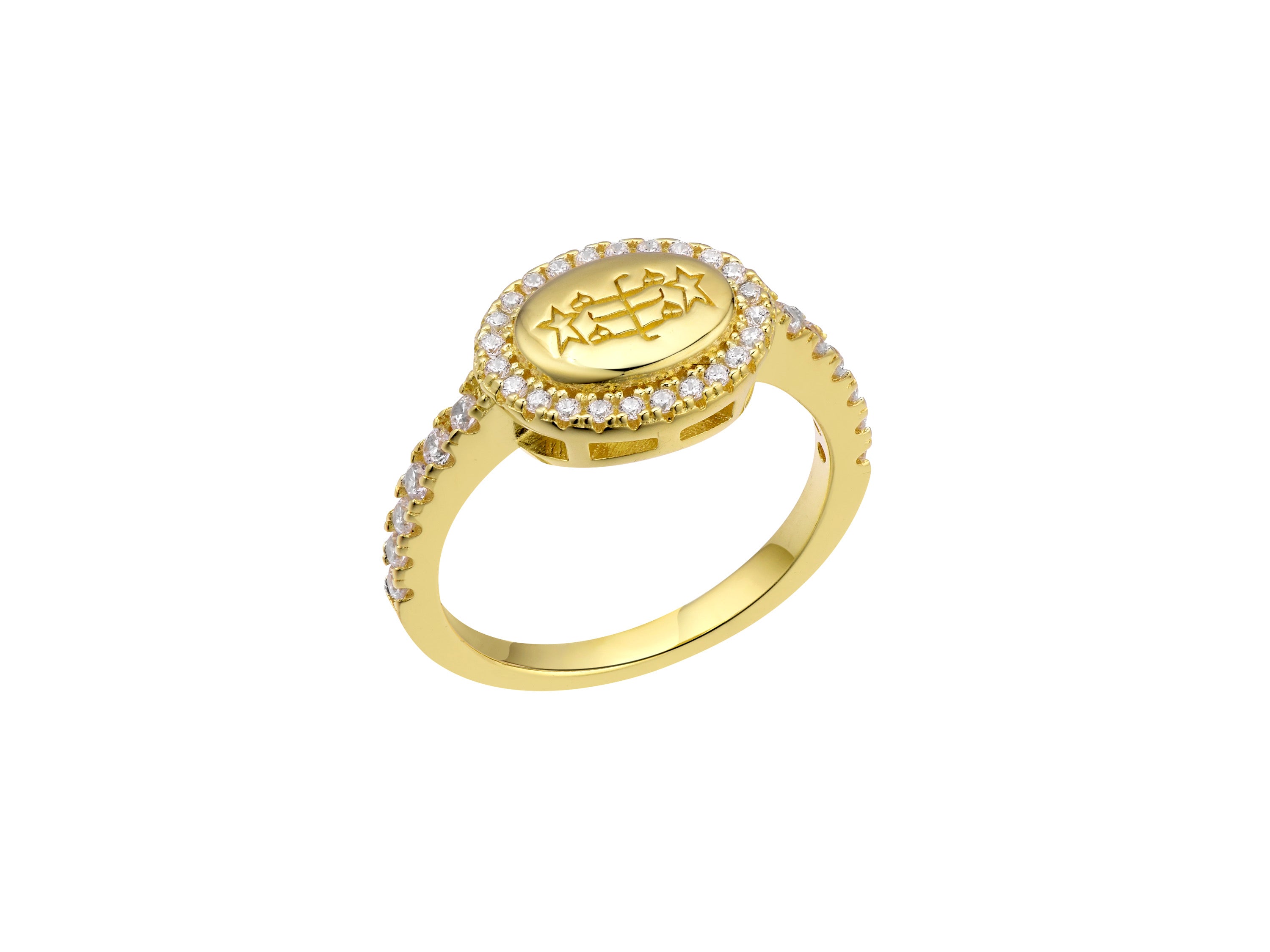 gold bahai ringstone symbol engraved on a horizontal oval signet ring with a halo of micropave round diamonds