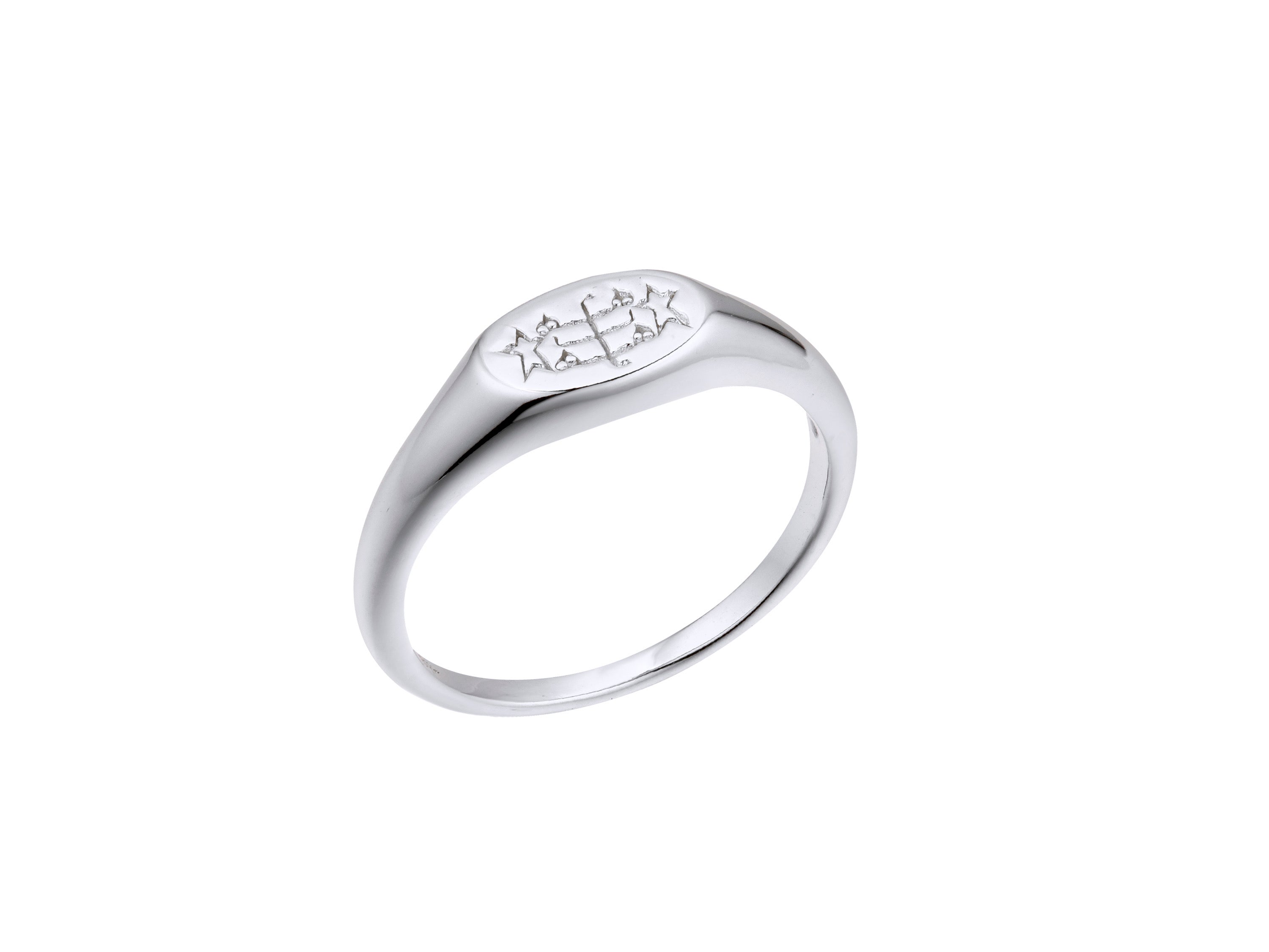 plain and simple silver bahai ring with ringstone symbol engraved on a horizontal oval signet ring for men, women, or kids on a plain white background