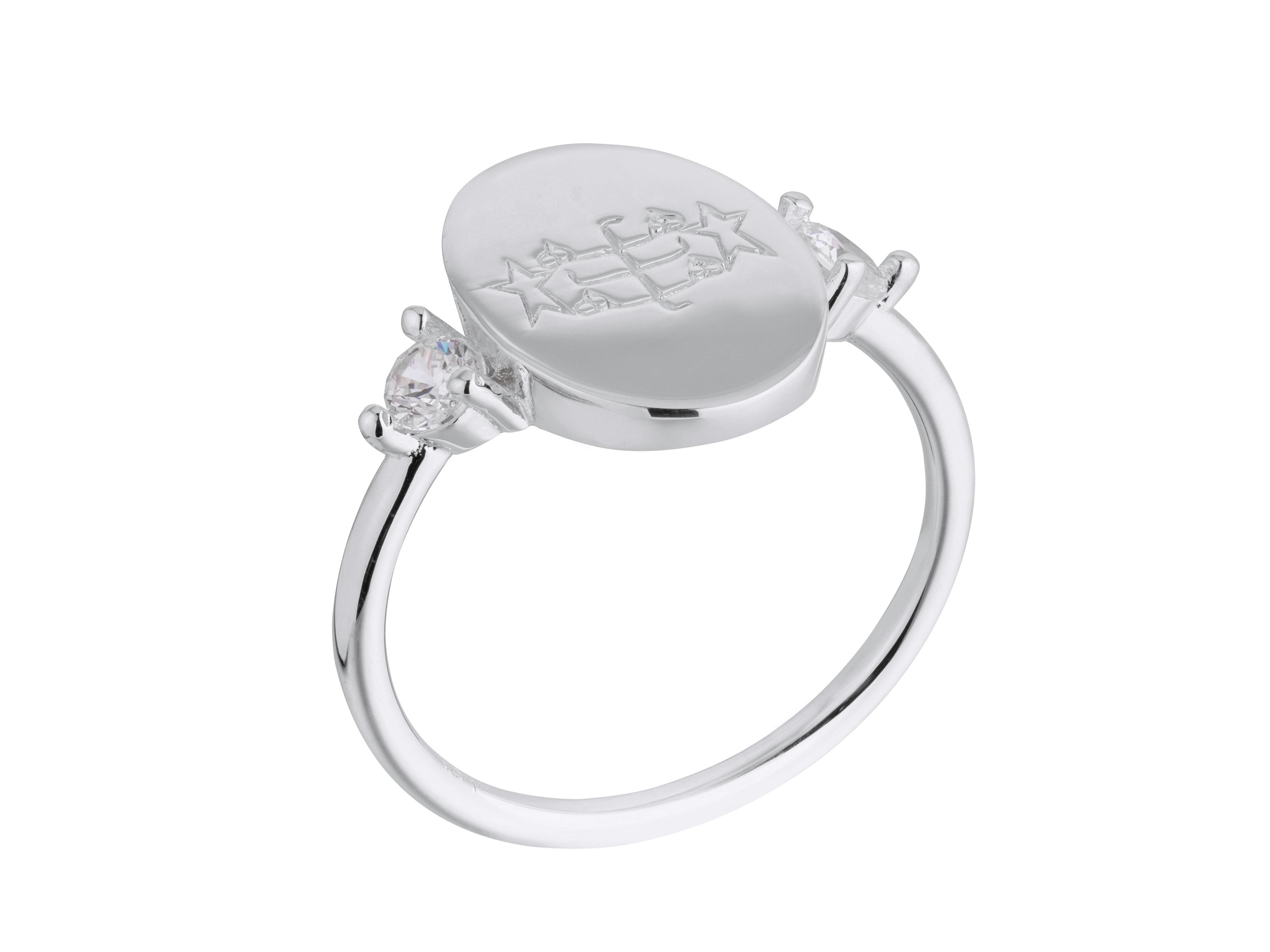silver oval Bahai ringstone symbol ring with zircon diamond past present future