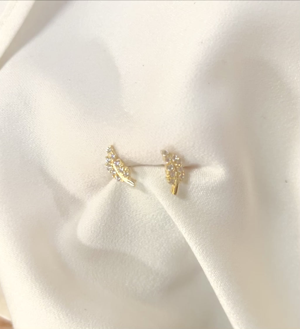 Dainty gold leaflet stud earrings with 9 CZ diamonds