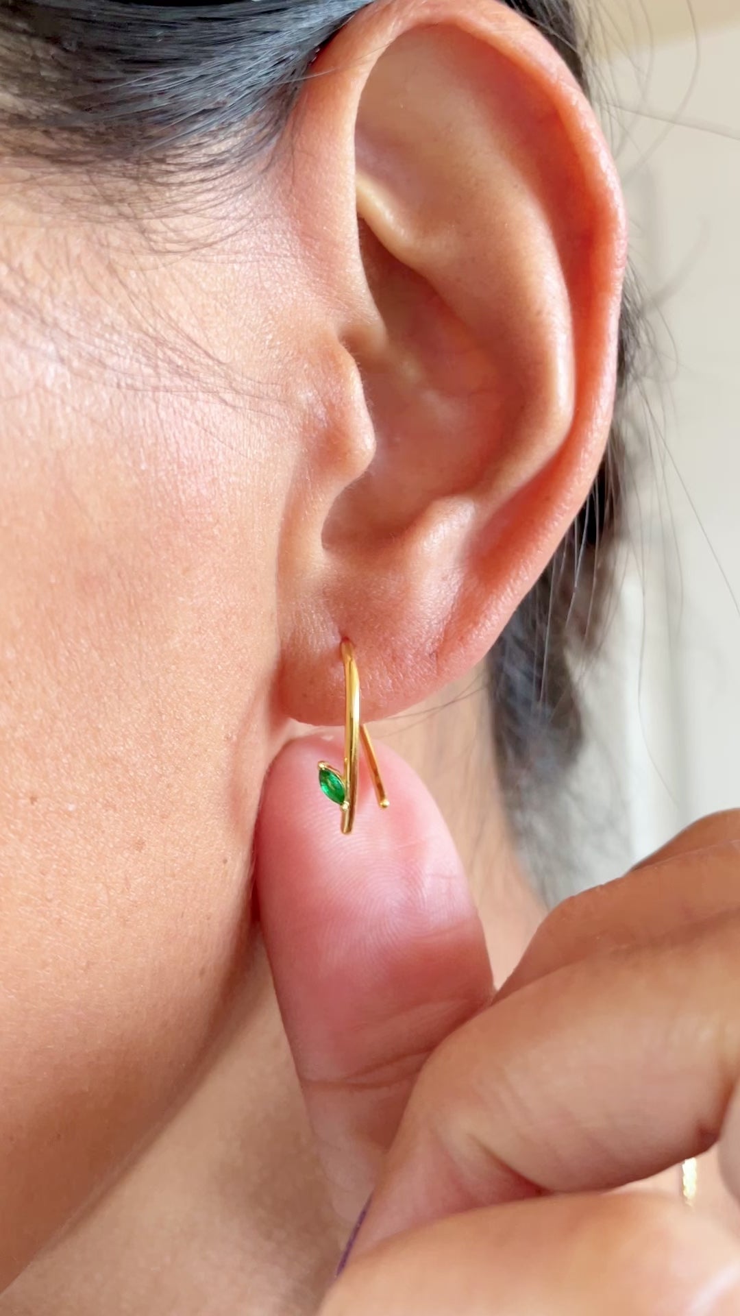 gold twin leaves green emerald marquise simple modern hoop earrings