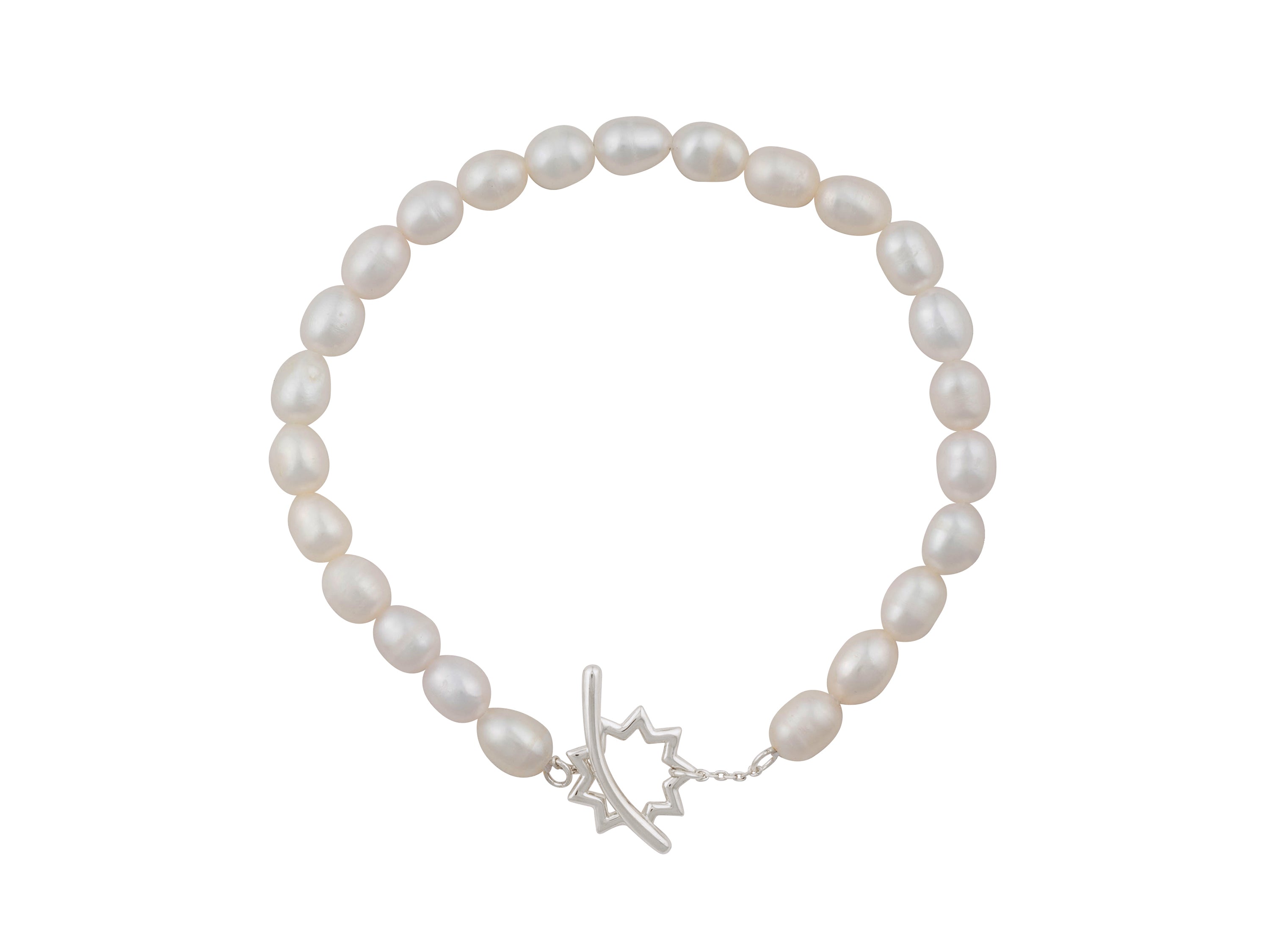Bahai nine star outline silver toggle clasp on oval freshwater pearl bracelet