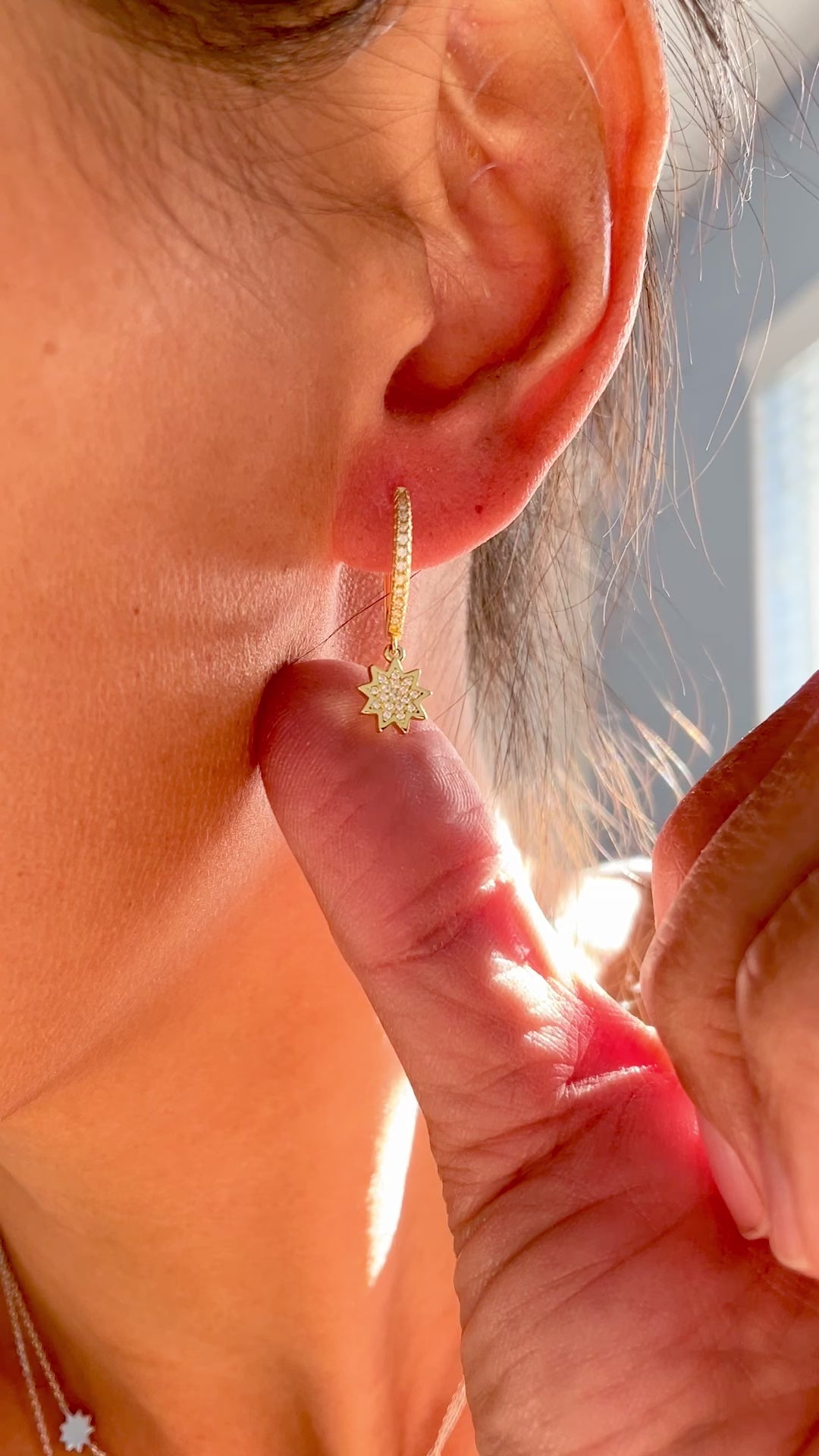 Dainty Diamond Baha'i Star Huggie Hoop Earrings